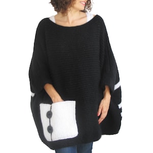 Plus Size - Over Size Sweater Black - White Hand Knitted Sweater with Pocket Tunic - Sweater Dress by Afra