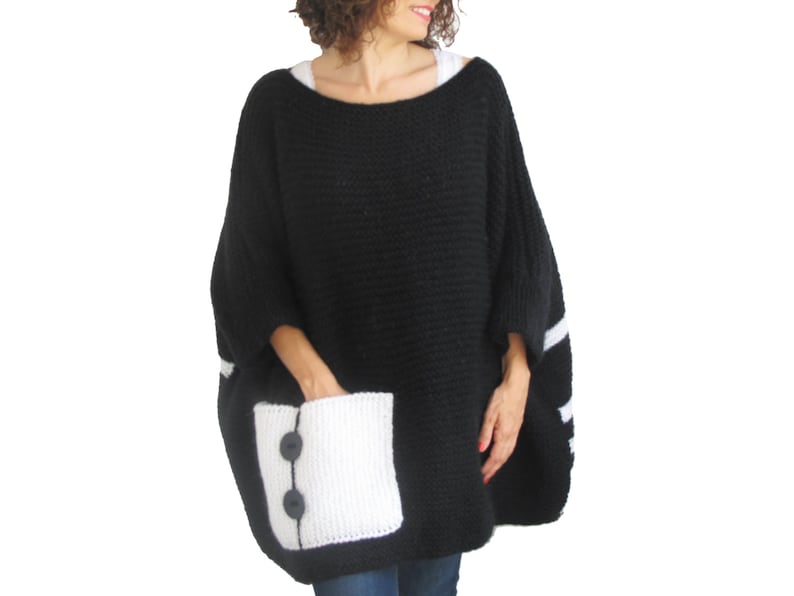 Plus Size - Over Size Sweater Black - White Hand Knitted Sweater with Pocket Tunic - Sweater Dress by Afra 