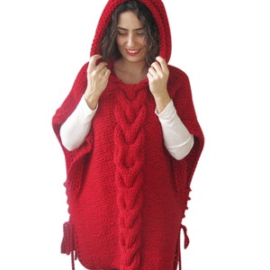 Red Plus Size Cable Knit Poncho with Hoodie  by Afra