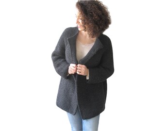 Hand Knitted Woman Jacket, Wool Cardigan, Knitwear, Oversized Cardigan, Loose Fit Cardigan, Hard Coal Anthracite