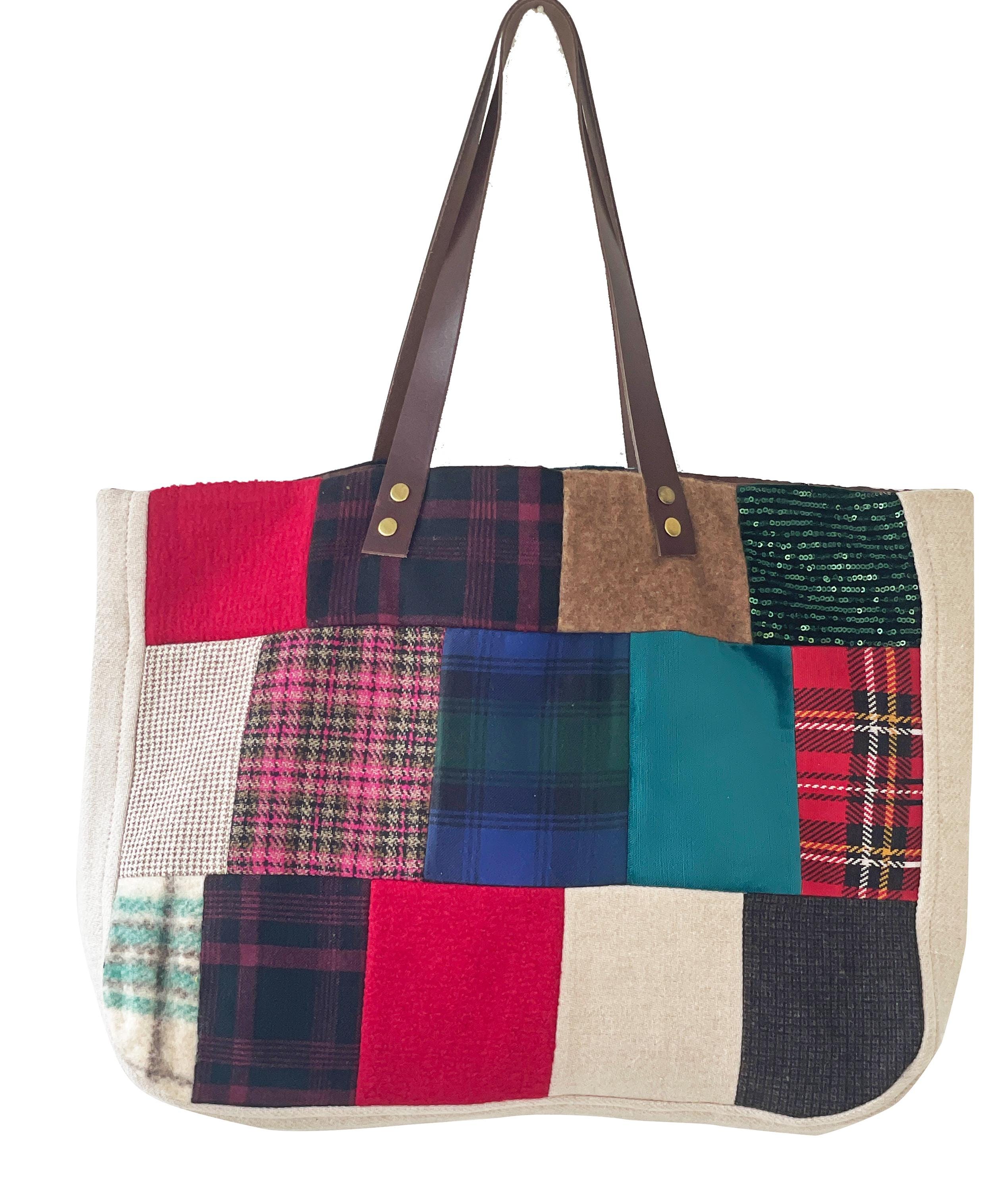 Patchwork Bag, Sewing Bag, Handmade, Leather Stripe