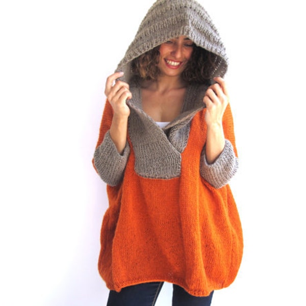 Plus Size Hand Knitted Sweater with Hoodie - Tunic - Dress by Afra