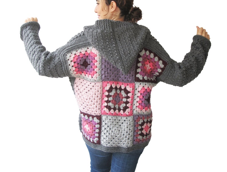 Pink Knitwear Granny Square Jacket Gray Coat Patchwork Jacket Afghan Cardigan Overcoat