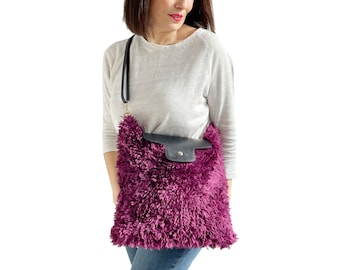 Faux Fur Handbag, Eco Fur Handbag, Knit Handbag, Woman Handbag, Crochet Bag, Woman Fashion Accessories, Long Pile Faux Fur Handbag