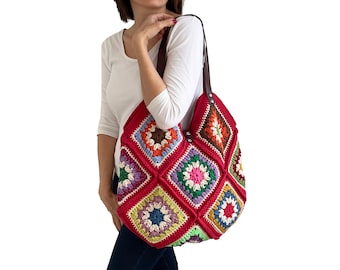 Knitting Bag, Crochet Bag, Granny Square Bag, Crochet Shoulder Bag, Gift For Her, Mother&#39;s Day, Vintage Style Bag