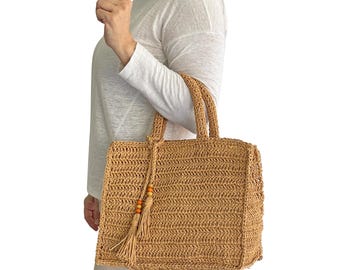 Hand Crochet Beach Bag, Raffia Tote Bag, Straw Summer Bag, Large Beach Tote, Handmade Paper Yarn Bag, Boho Beach Purse, Resort Bag