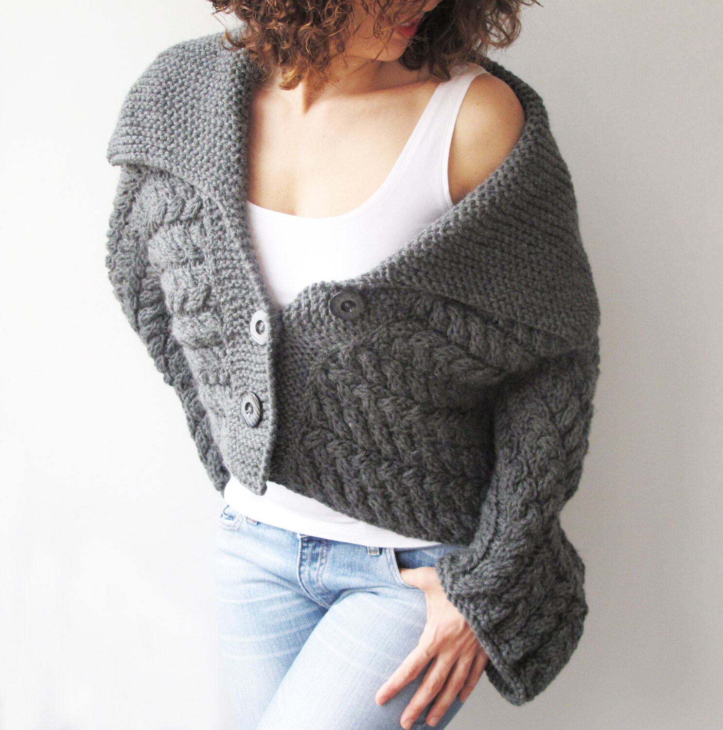dark gray cable knit sweater