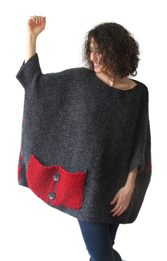 Plus Size - Over Size Sweater Dark Gray - Red Hand Knitted Sweater with Pocket Tunic - Sweater Dress by Afra
