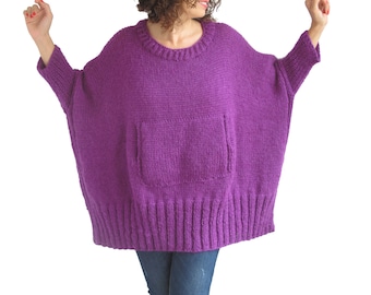 Purple Hand Knitted Sweater with Pocket Plus Size Over Size Tunic - Dress Sweater by Afra