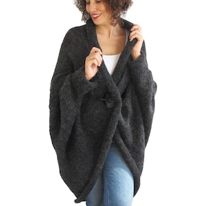 Hand Knit Cardigan, Plus Size Poncho, Dark Gray Cardigan, Anthracite Poncho, Over Size Cardigan, Angora Poncho, Hand Knitted Outwear
