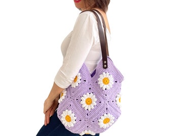 Knitting Bag, Crochet Bag, Granny Square Bag, Crochet Shoulder Bag, Gift For Her, Mother's Day, Vintage Style Bag, Daisy Bag