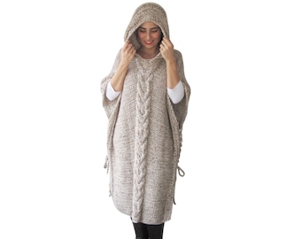 Plus Size Maxi Knitting Poncho with Hoodie - Over Size Tweed Beige Cable Knit by Afra