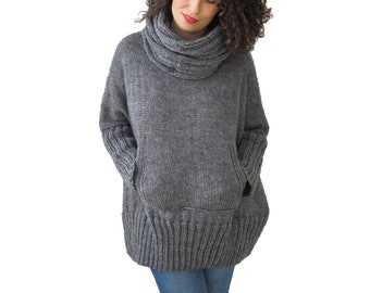 Gray Hand Knitted Sweater, Accordion Hood, Plus Size Jumper, Over Size Sweater, Hand Knit Jumper, Kangoo Pocket