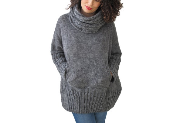Gray Hand Knitted Sweater, Accordion Hood, Plus Size Jumper, Over