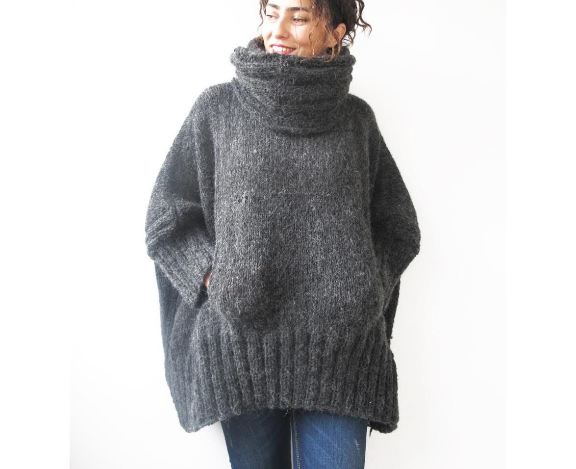 Hand Knitted Sweater, Accordion Hood, Plus Size Jumper, Over Size