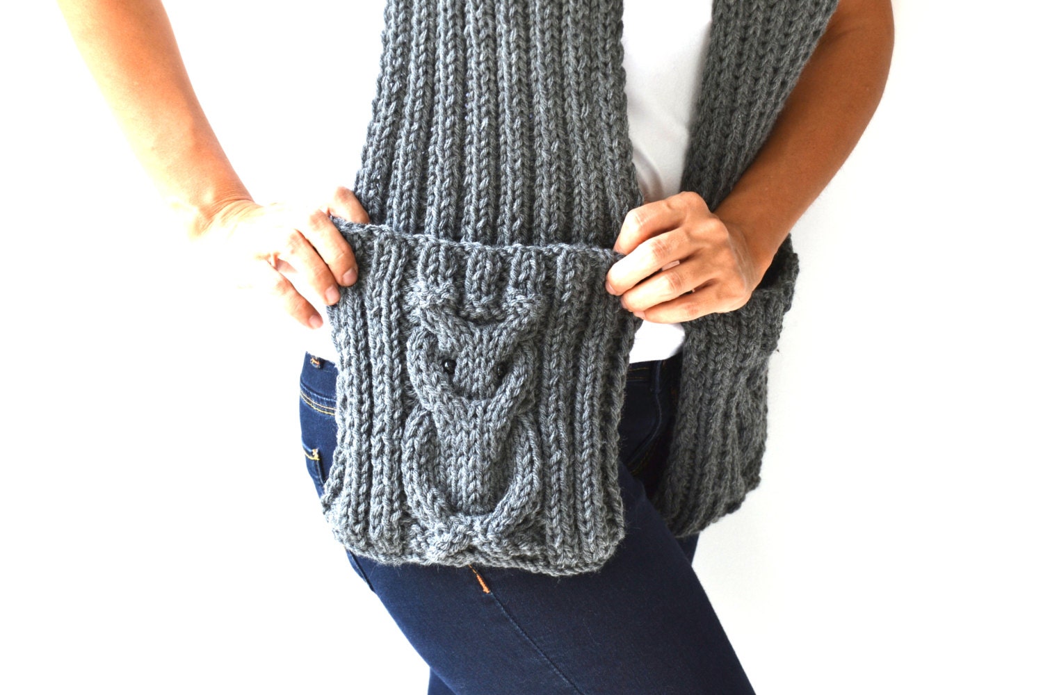 Dark Gray Owl Scarf With Pockets by Afra