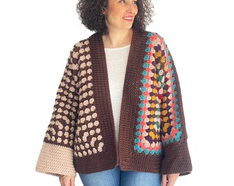 NEW! Colorful Granny Square Crochet Cardigan – Handmade Angora Yarn Open Front Boho Sweater, Cozy Retro Statement Jacket for Women