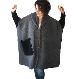 Plus Size Over Size Gray Mohair Overcoat - Poncho - Pelerine with Hood and Black Pocket