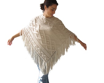 Ecru Cable Knit Poncho by Afra