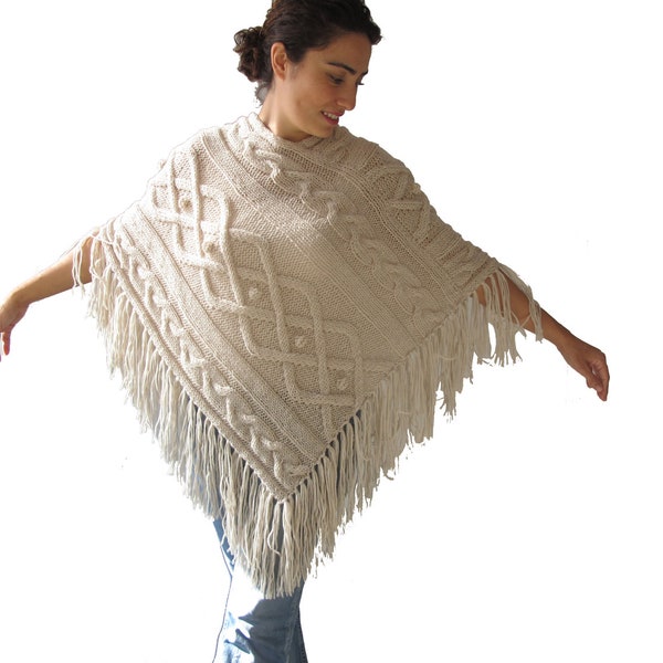 Ecru Cable Knit Poncho by Afra