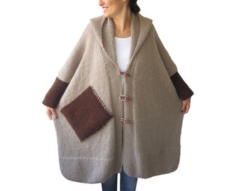 Plus Size Over Size Beige Mohair Overcoat - Poncho - Pelerine with Hood and Brown Pocket