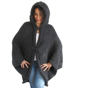 Plus Size Hand Knitted Wool Hooded Poncho, Hooded Pelerine