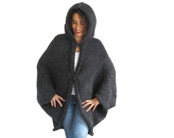 Plus Size Hand Knitted Wool Hooded Poncho, Hooded Pelerine