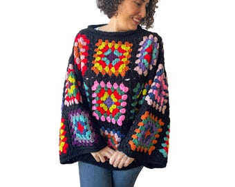Granny Square Sweater, One of a Kind Crochet Sweater, Wearable Art Motif Cardigan, Oversized Crochet Coat