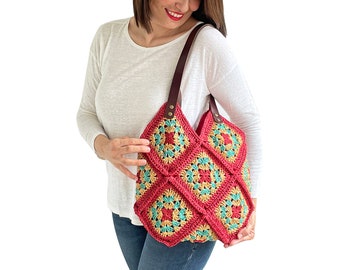 Granny Square Bag, Raffia Bag, Crochet Bag, Crochet Vintage Bag, Knit Bag