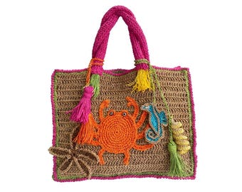Personalized Crochet Beach Tote Bag, Beach Wedding Bridesmaid Gift, Custom Sea Theme Straw Bag, Coastal Bridal Party Tote