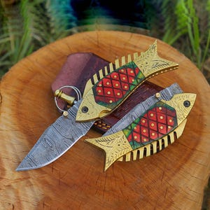Handmade Personalized Pocket Knife, Damascus Fish Pocket Knife, Artisan knife, Luxury Gift, New Year Gift, Thanksgiving Gift, Christmas Gift