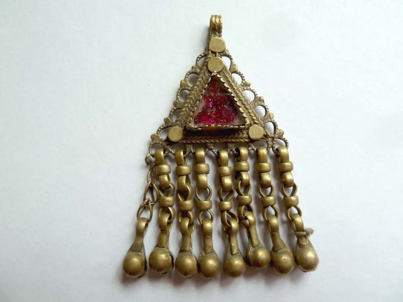 Vintage Kuchi Pendant with Dangles Red Ethnic Triangle Pendant