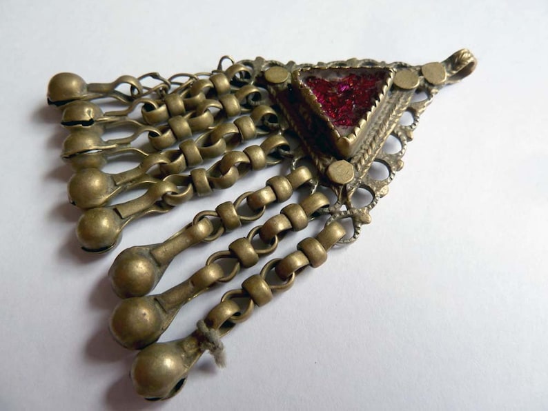 Vintage Kuchi Pendant with Dangles Red Ethnic Triangle Pendant