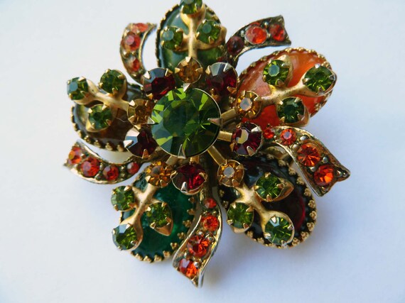 Vintage Signed Selini Orange & Green Rhinestone Br