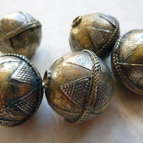 5 Vintage Turkoman or Kazakh 26mm Gold Wash Beads, Handmade Ethnic Beads, Tribal Beads