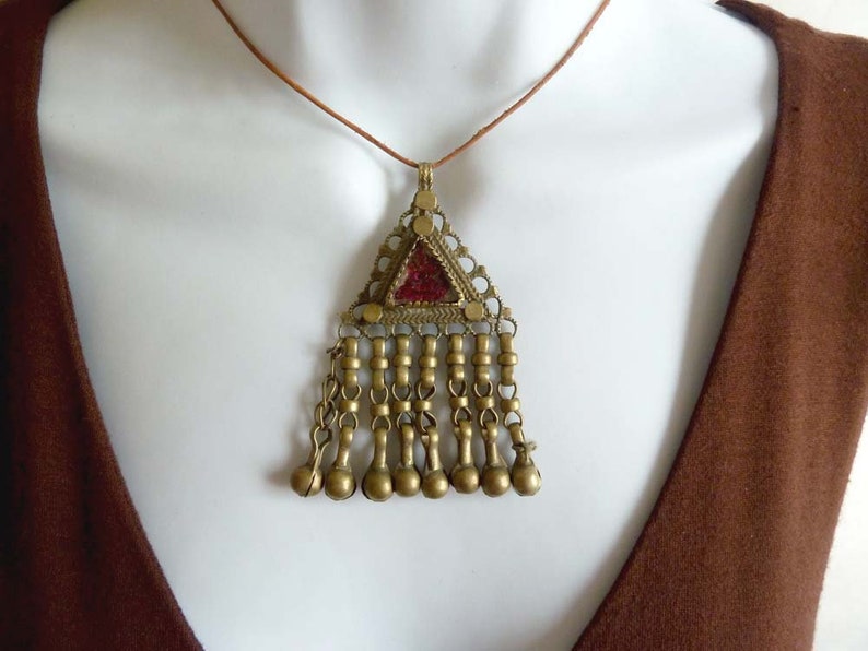 Vintage Kuchi Pendant with Dangles Red Ethnic Triangle Pendant