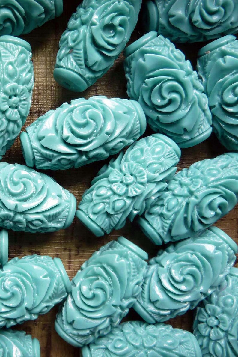 Blue Carved Flower Barrel Beads 3 Synthetic Giant Clam Shell Barrel Beads Imitation Turquoise Blue Flower Tridanca Beads