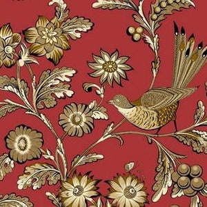 Glenfern Lodge Fabric - Half Yard - Max and Louse Andover Fabric - Red with Brown and White Flowers Birds Large Scale Floral Print A-9852-R