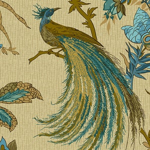May include: A detailed illustration of a bird with long, flowing tail feathers, perched on a branch. The bird features a blue head and accents, with a body of olive and teal. The background is a textured beige with floral and leaf elements.