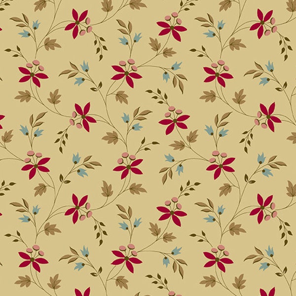 Emma Fabric - Andover Fabric - Half Yard - Red and Blue Flowers on Tan Floral Fabric by Kathy Hall Quilt Fabric A-8770-LN