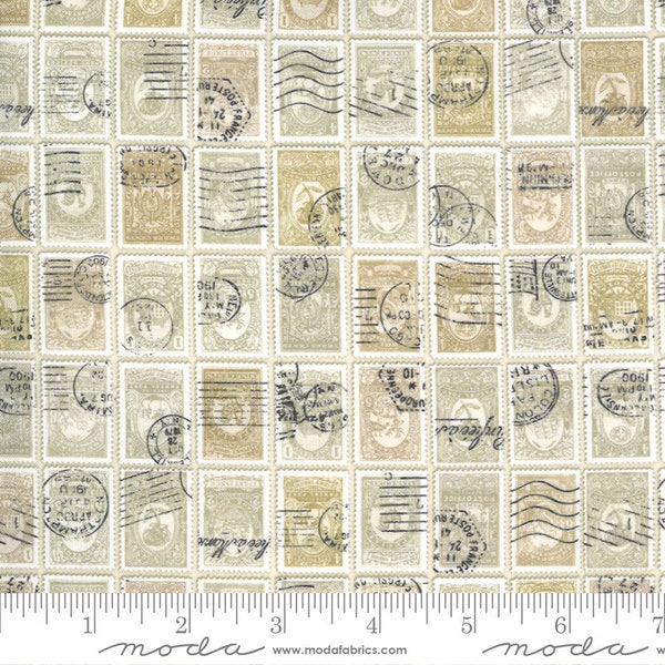 Flea Market Fresh Fabric - Half Yard - Moda Fabric Beige Tan Grey Neutral Postage Stamps Mail Stamps Cathe Holden Novelty Fabric 7374 21