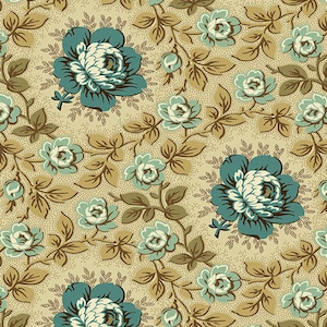 Oak Alley Fabric Di Ford Hall - Half Yard - Cream Tan with Teal Blue Green Climbing Rose Flowers Andover Fabric Shirting Fabric A-9927-N