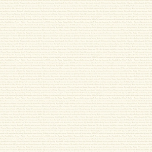 May include: Cream-colored fabric with a repeating pattern of small, light brown text. The text appears to be a script or a handwritten style, creating a textured effect across the surface. The overall design is subtle and elegant.