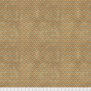 May include: A fabric with a repeating chevron pattern. The design features alternating rows of tan, brown, and black zigzags. The fabric has a textured appearance and is suitable for various sewing projects.