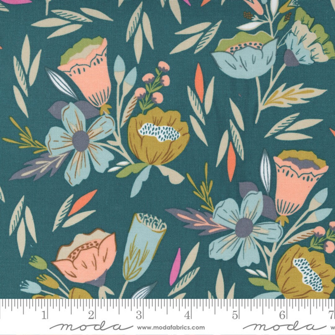 Songbook Fabric - Half Yard- Moda Fabric Dark Teal Colorful Flowers ...
