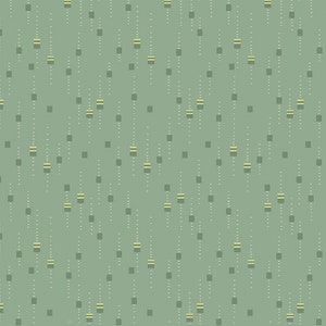 May include: A repeating pattern on a sage green background. The design features vertical lines of small white dots and alternating squares and rectangles in shades of green and yellow. The overall effect is a textured, abstract design.