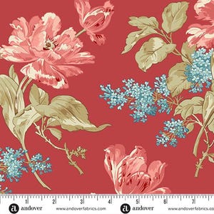 May include: A floral fabric featuring large pink and red flowers, blue clusters, and green leaves against a red background. The fabric has a vintage, botanical design. The Andover Fabrics logo is visible at the bottom.