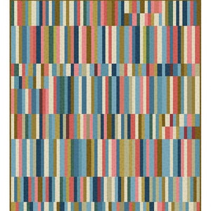 May include: A quilt pattern titled "Saddle" with a design of vertical stripes in various colors including blue, pink, beige, and brown. The quilt size is 61.5" x 76.5". The pattern is from Laundry Basket Quilts.