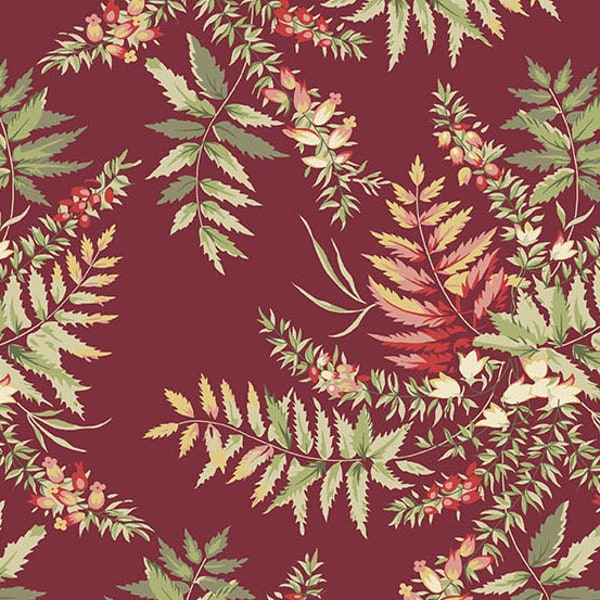 The Seamstress Fabric -Half Yard- Edyta Sitar Fabric Large Scale Fern Floral Cranberry Dark Red Leaves Laundry Basket Quilt Andover A-9768-R