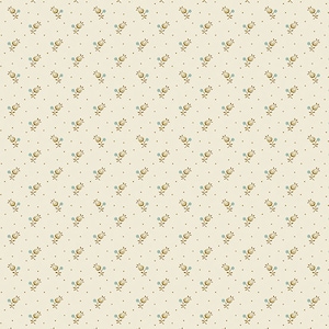 May include: Cream-colored fabric with a repeating pattern of small, stylized flowers and dots. The flowers are a mix of yellow and light blue, with brown stems and leaves. The dots are brown.